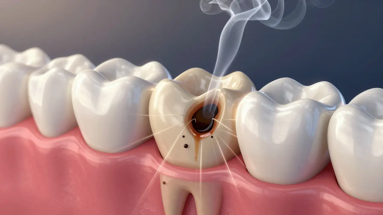 Zubní email s otevřenými pory, do kterých vstupují tmavé barvivy z kávy a kouře, zatímco fluoridová vrstva chrání.