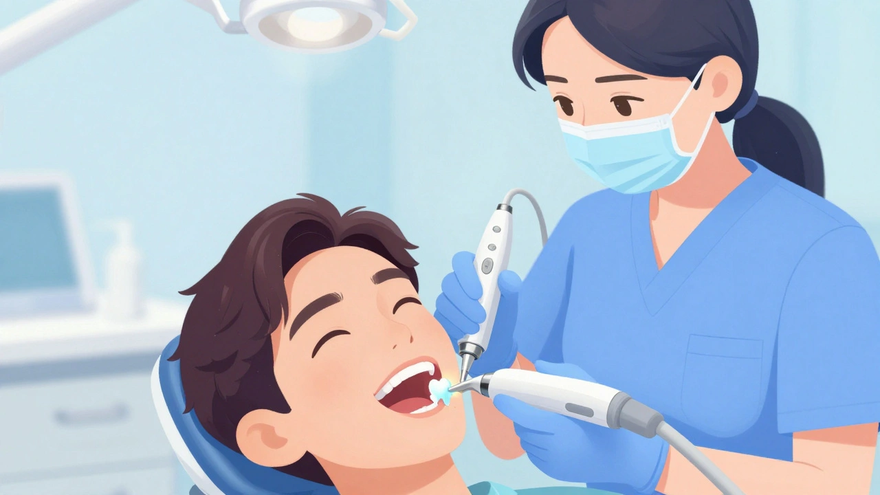 Zubní hygienička odstraňuje zubní kámen pomocí ultrazvukového nástroje.