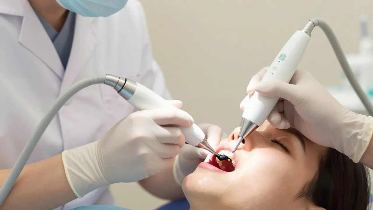 Zubní lékař odstraňuje černý kámen ultrazvukem a Air Flowem