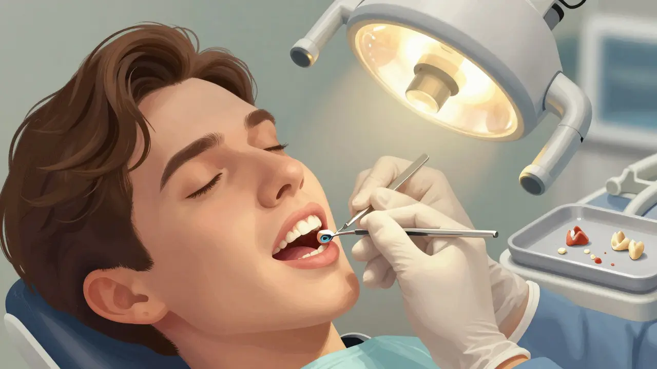 Zubní lékař opravuje zlomený zub kompozitní výplní pod světelnou lampou.