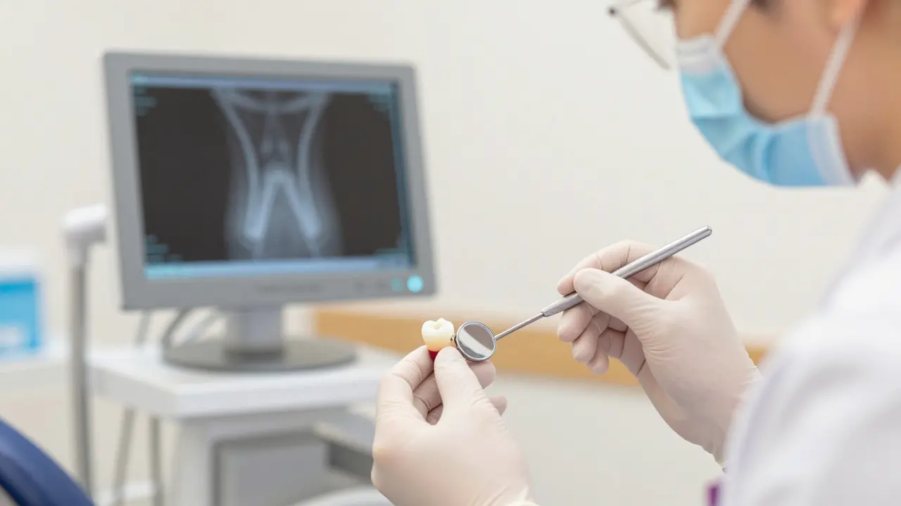 Zubní lékař prohledává přední zub s mikroskopickou trhlinou pomocí zrcátka a světla.