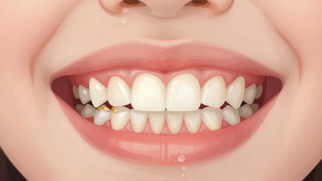 Zvětšený pohled na zubní kámen na dásních dolních řezáků s přechodem z plaku do tvrdého nánosu.