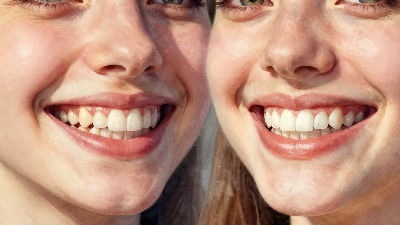 Before and after smile transformation with ceramic veneers reflected in a mirror.
