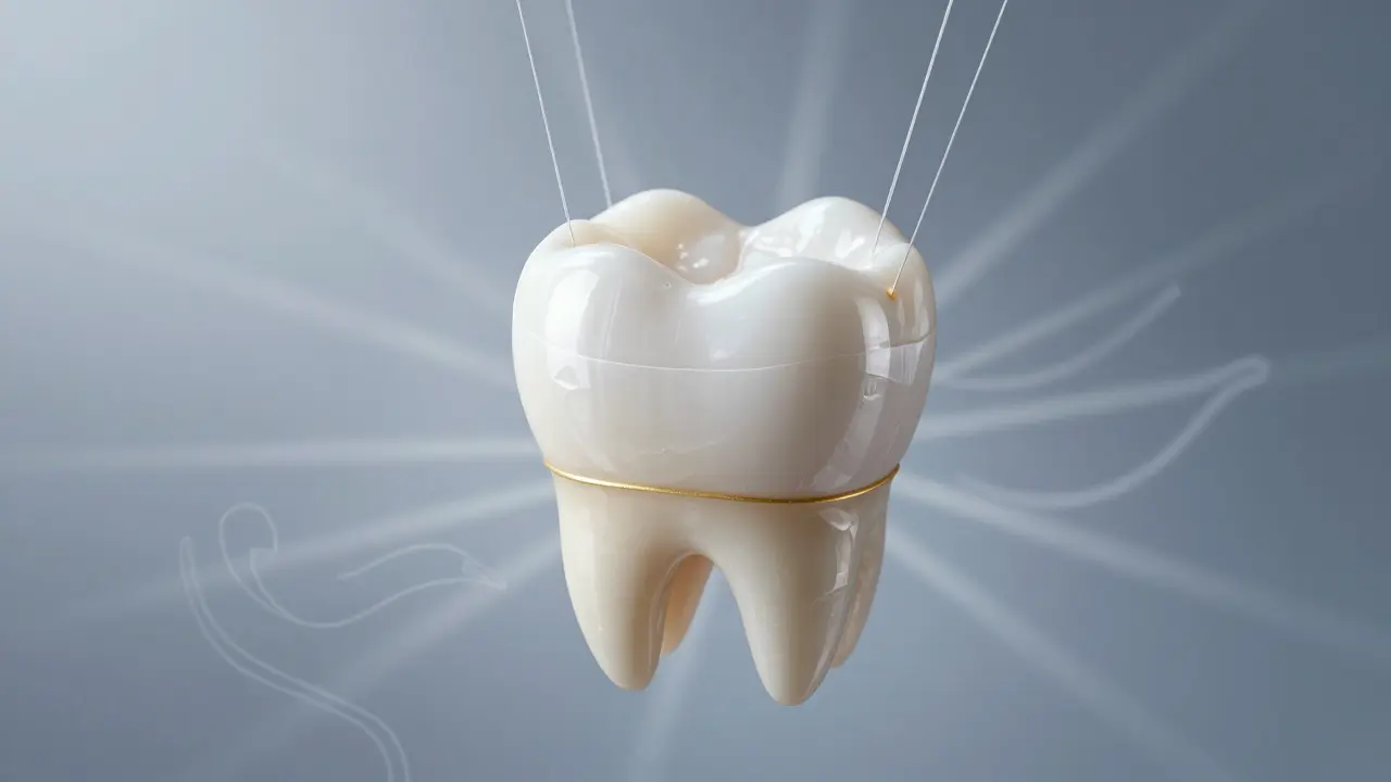 Close-up of a single ceramic veneer floating with adhesive details visible.