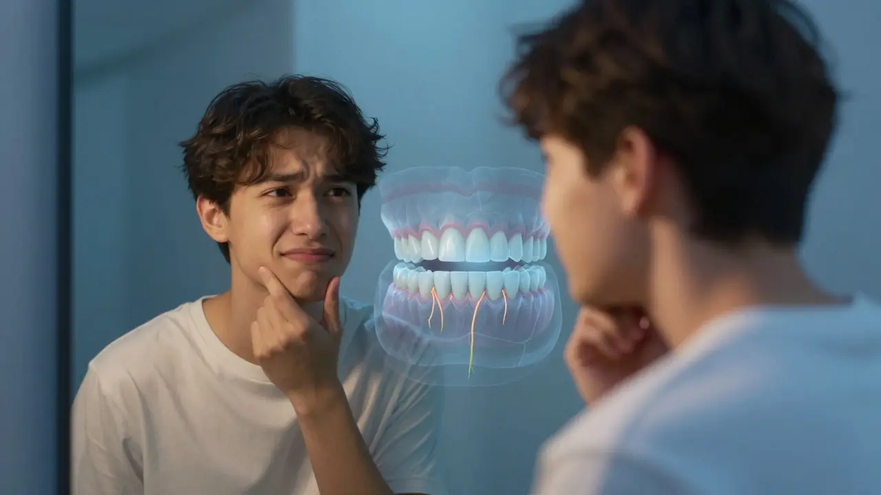 Člověk hledí do zrcadla, jeho reflexe ukazuje bolest, ale on sám vypadá odhodlaně.