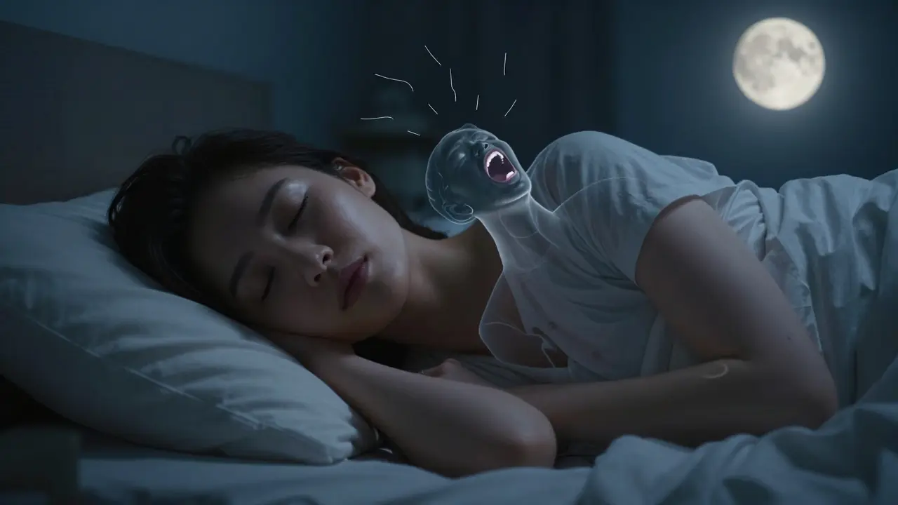 Člověk klidně spí s uzavřenými ústy, vedle něj průhledná silueta dřívějšího stavu.