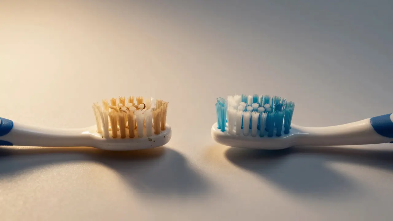 Comparison: worn toothbrush vs. Curaprox effectively cleaning below gumline.