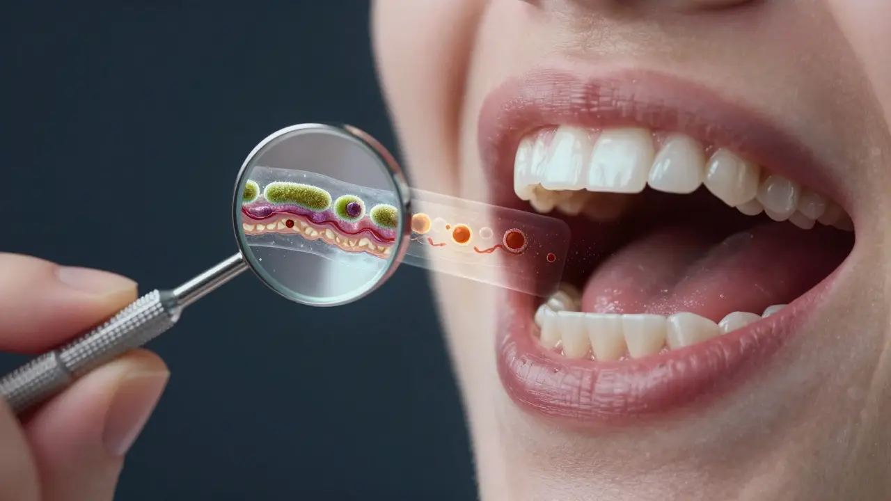 Dentální zrcátko jako přechod mezi plakem a čistými zuby.