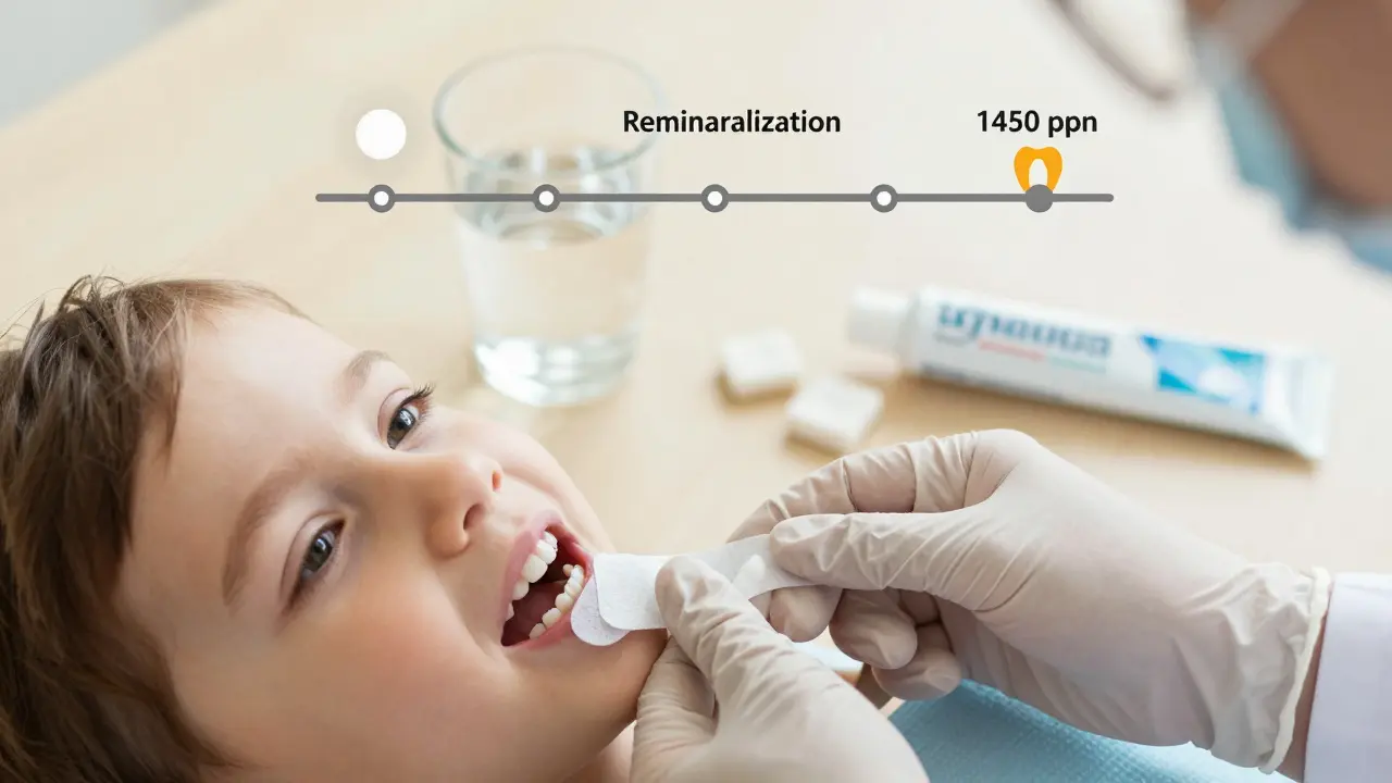 Dítě dostává fluoridovou náplast na zub od zubního lékaře, s doprovodnými prvky prevence.