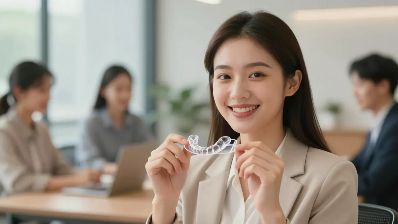 Dospělá žena v kanceláři nosí neviditelná vyjímatelná rovnátka a usmívá se.