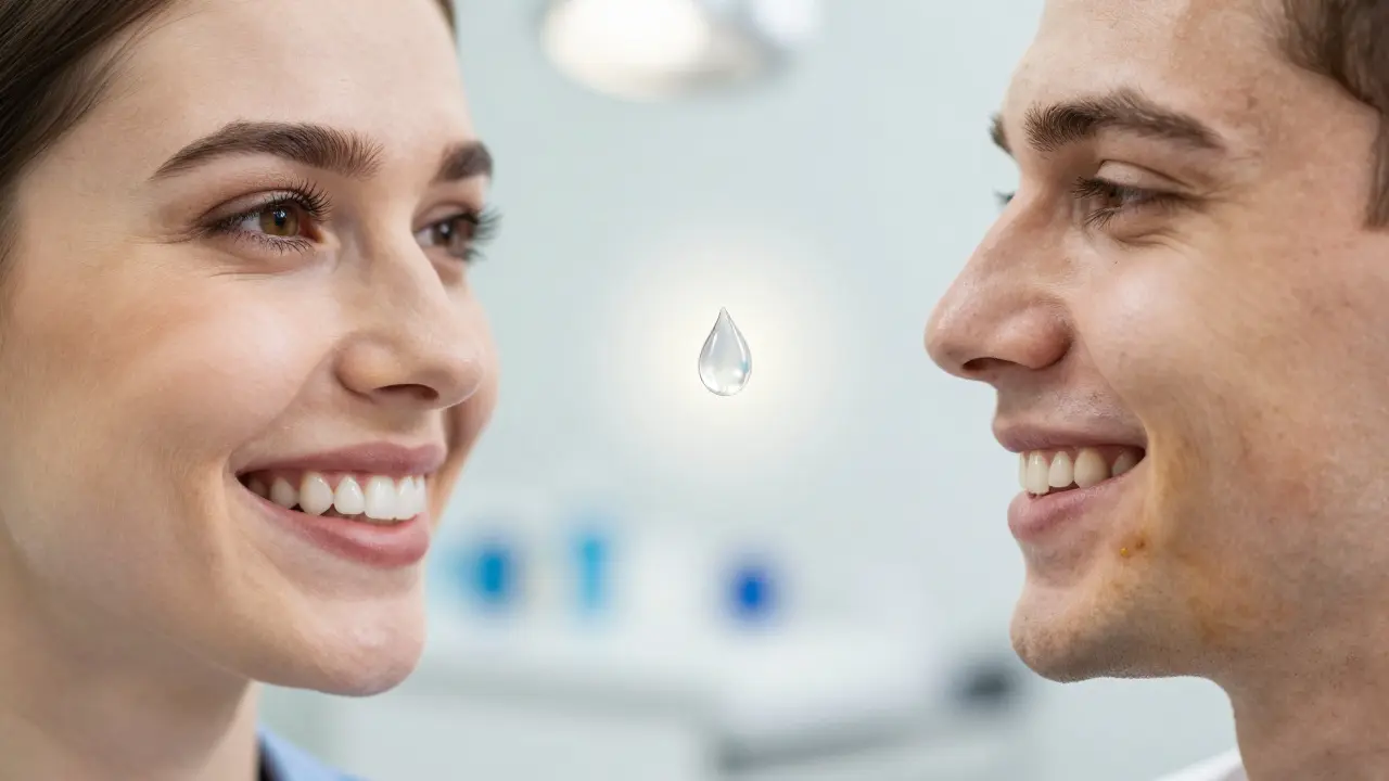 Dva kontrastní úsměvy s kapkou peroxidu vodíku mezi nimi, symbolizující bělení.