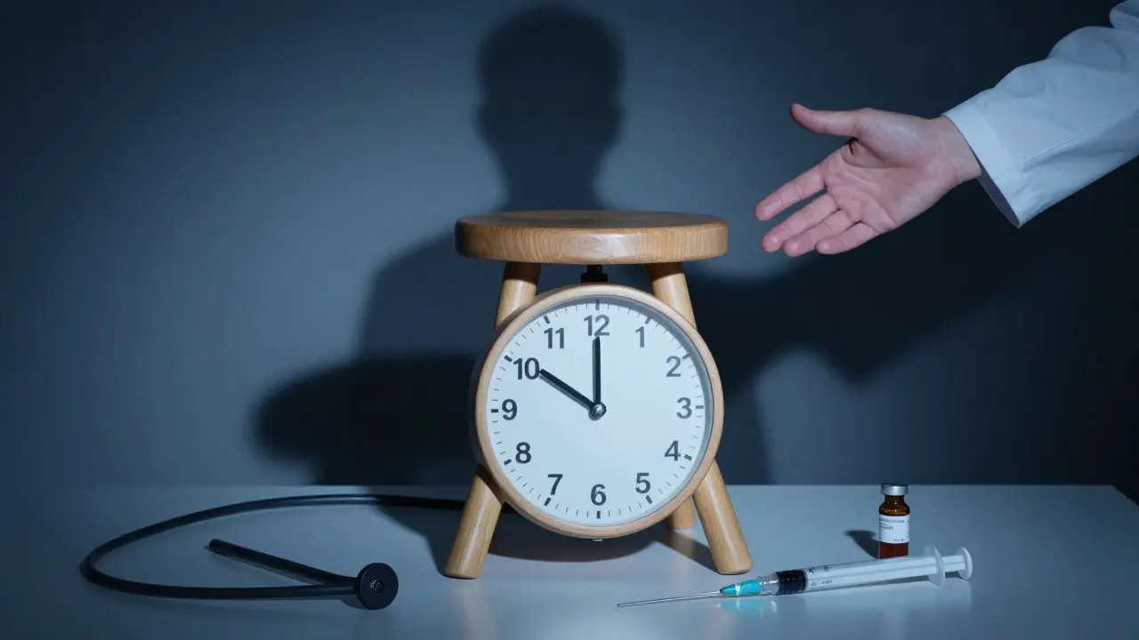 Hodiny z tvrdých stolic ukazují 3 týdny, lékař se snaží pomoci, ale pacient se obrací zády.