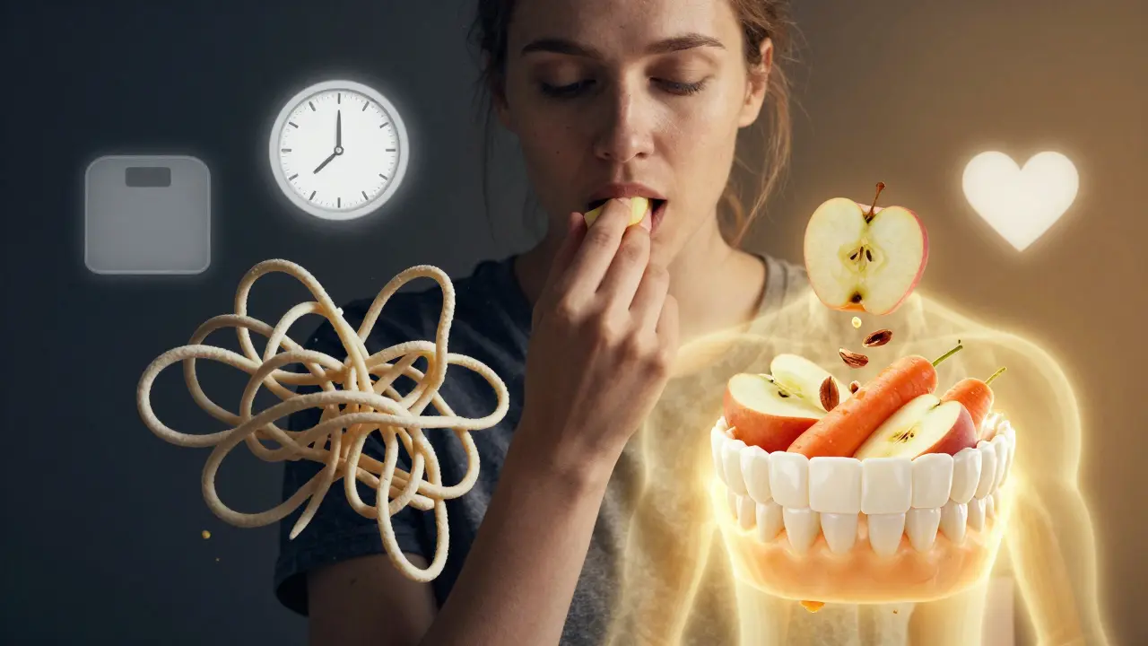 Kontrast mezi nevyváženými zuby s měkkými potravinami a vyváženými zuby s celozrnnými potravinami.