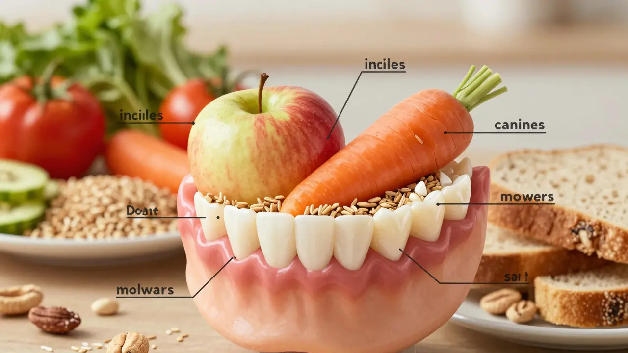 Lidská čelist s různými typy zubů, jak žvýkají zdravé potraviny jako jablko a mrkev.