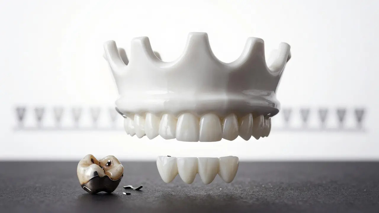 Nová keramická korunka svítí vedle staré, poškozené korunky na tmavém pozadí.