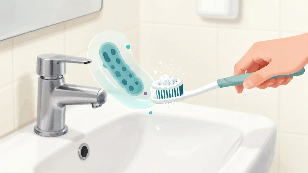 Osoba čistí zuby fluoridovou pastou, s vizuálním znázorněním obnovy zubní sklovině.