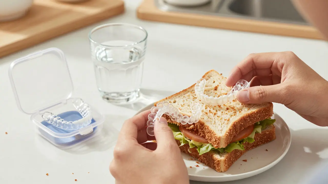 Osoba jí svačinu se sundanými rovnátky uloženými v ochranném případě.