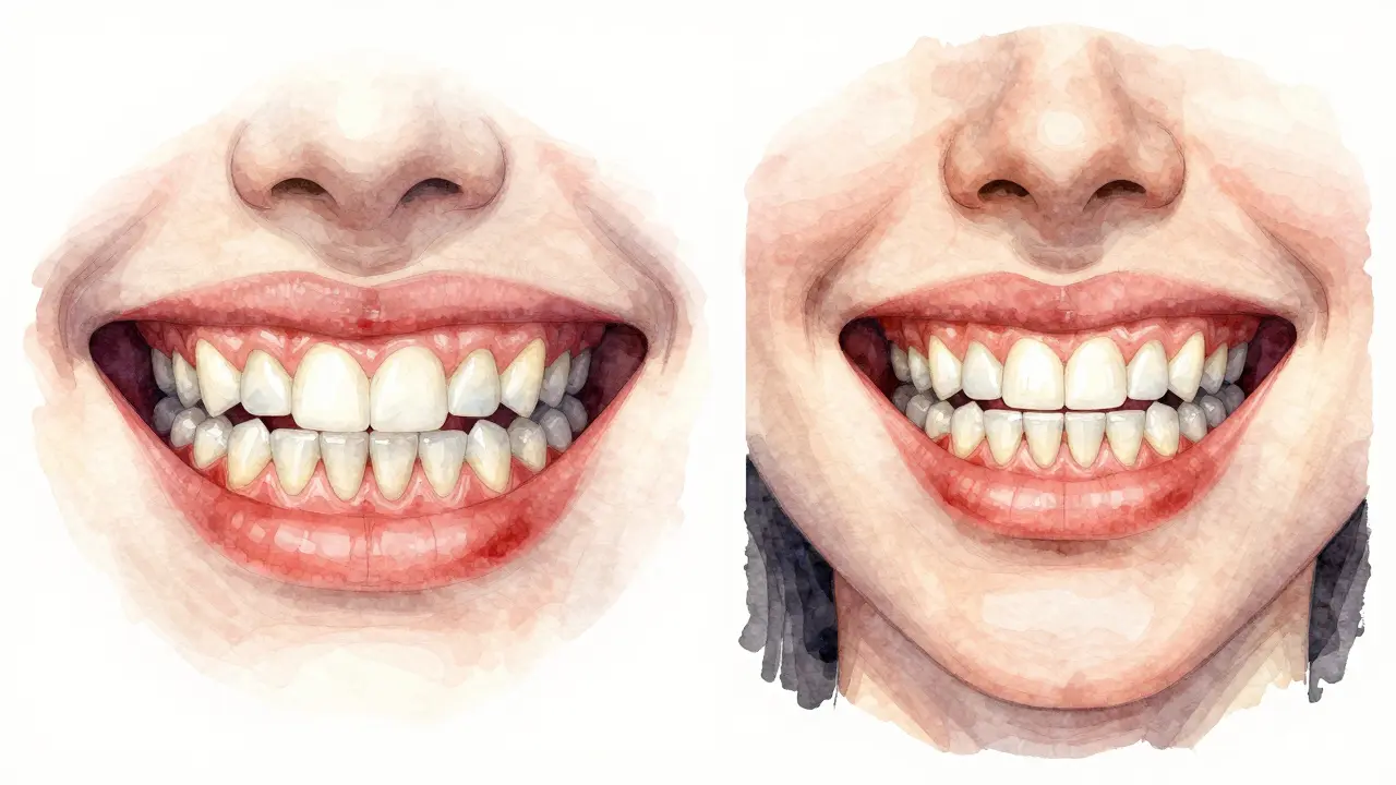 Porovnání hlubokého předkusu a opraveného předkusu s viditelným poškozením dásní a zdravým rozložením zubů.