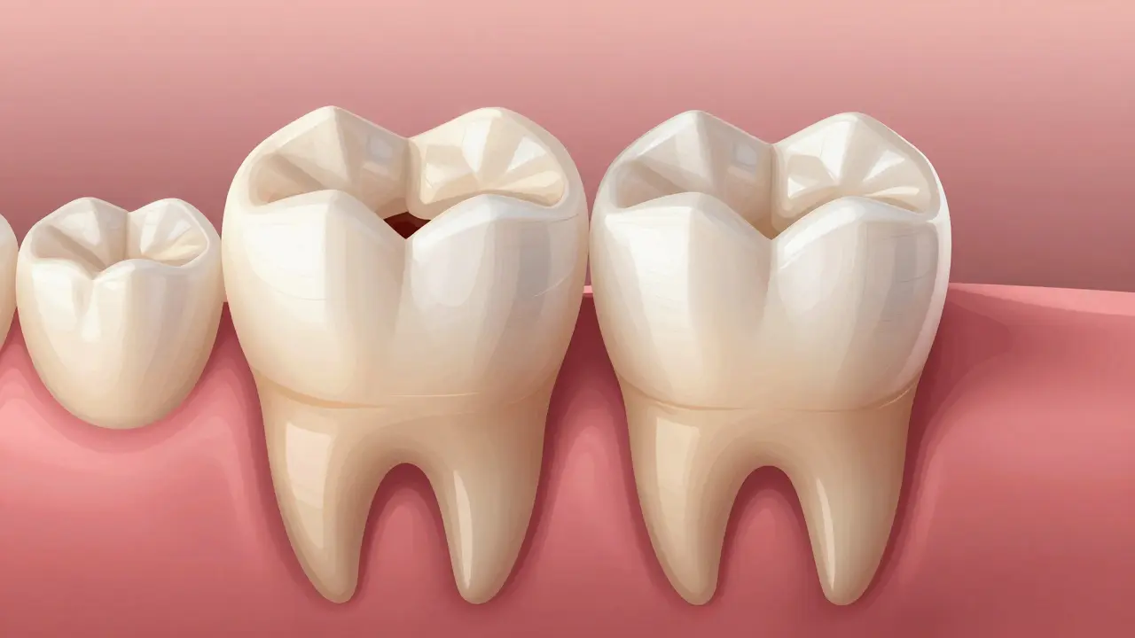 Porovnání přirozeného zubu a zubu připraveného pro korunku.