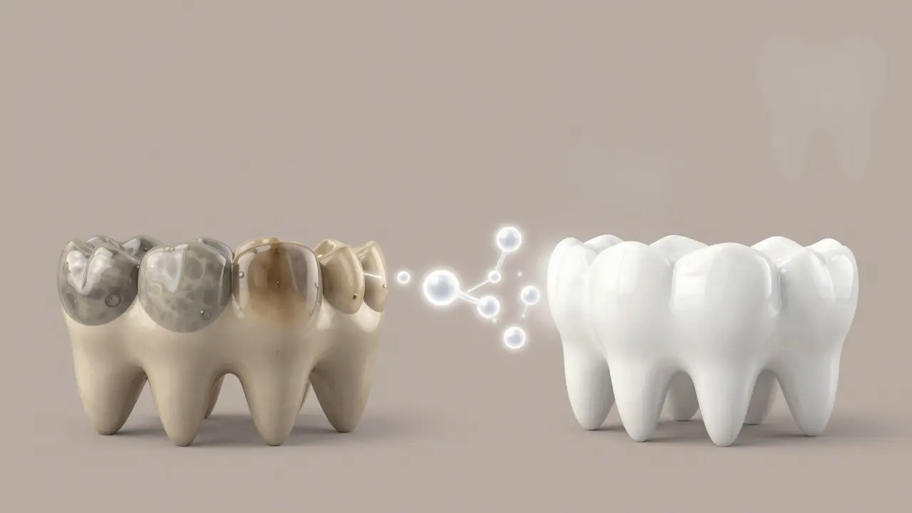 Porovnání tmavých a bělých zubů s vizualizací rozkladu pigmentů.