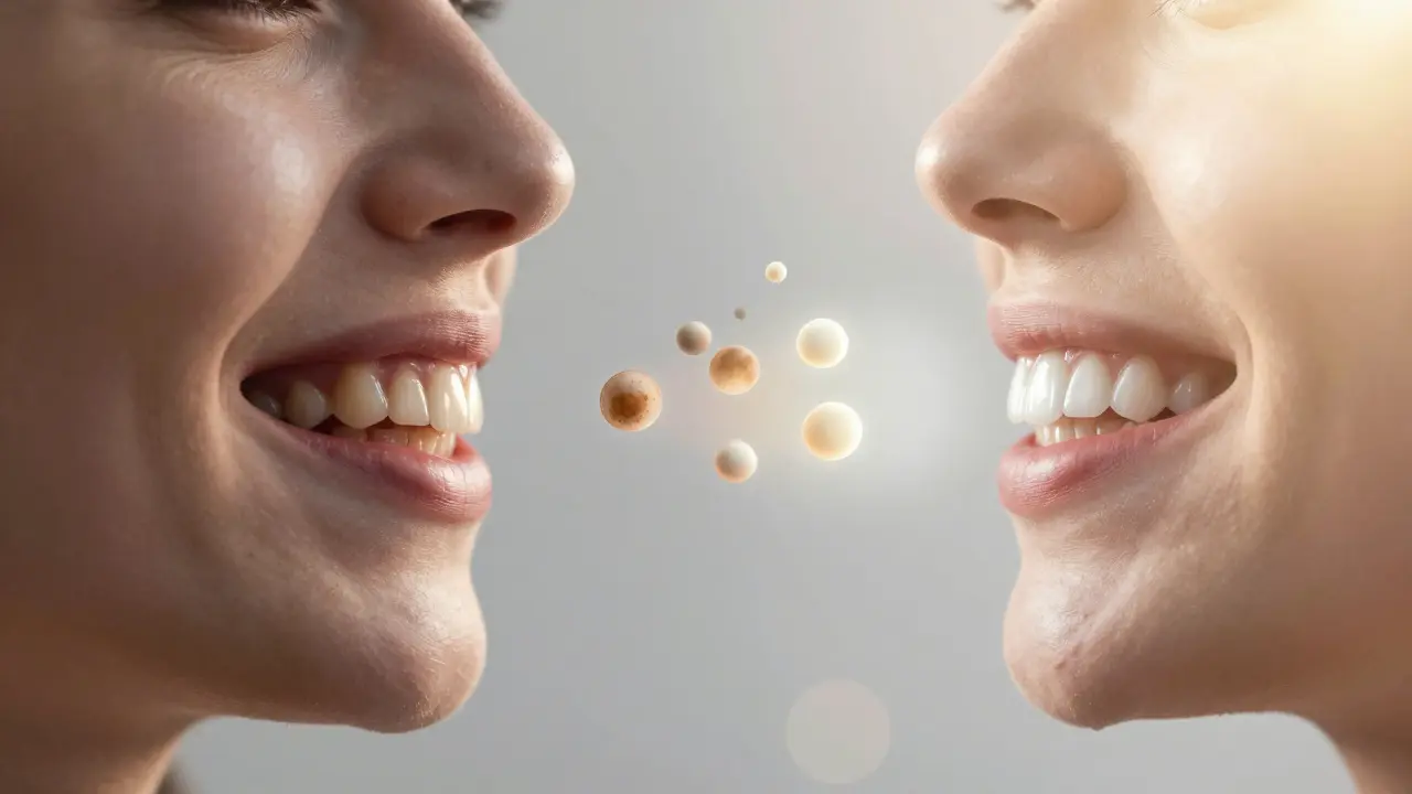 Před a po bělení zubů: tmavé zuby se mění na jasnobílé pod vlivem bělících molekul.