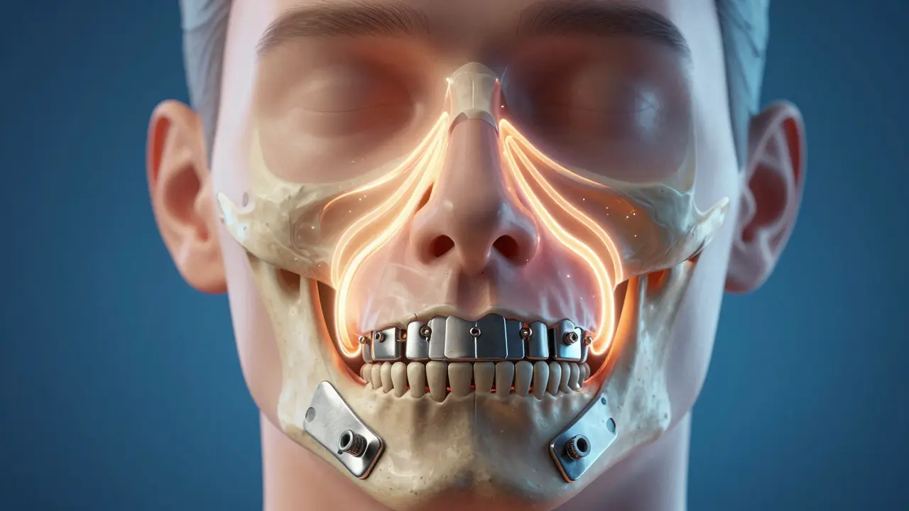 Příčný řez obličeje s titanovými šrouby a otevřenými dýchacími cestami.