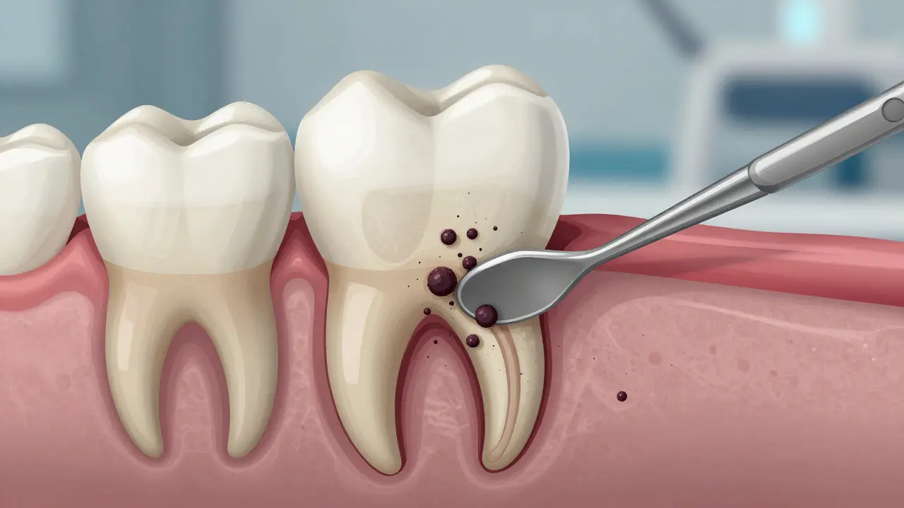 Příčný řez zubem s poškozenou kostí a infikovanou parodontální kapsou.