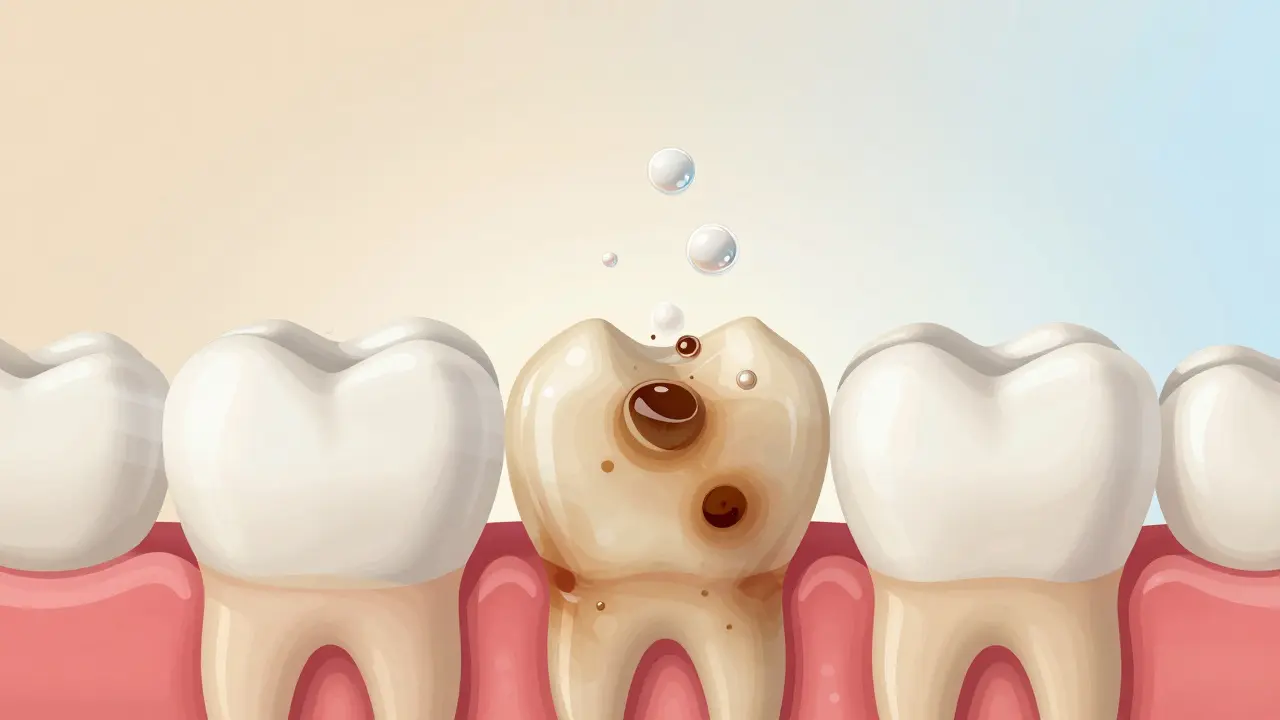 Průřez zubu s kyslíkovými bublinami, které odstraňují tmavé skvrny ze skloviny.