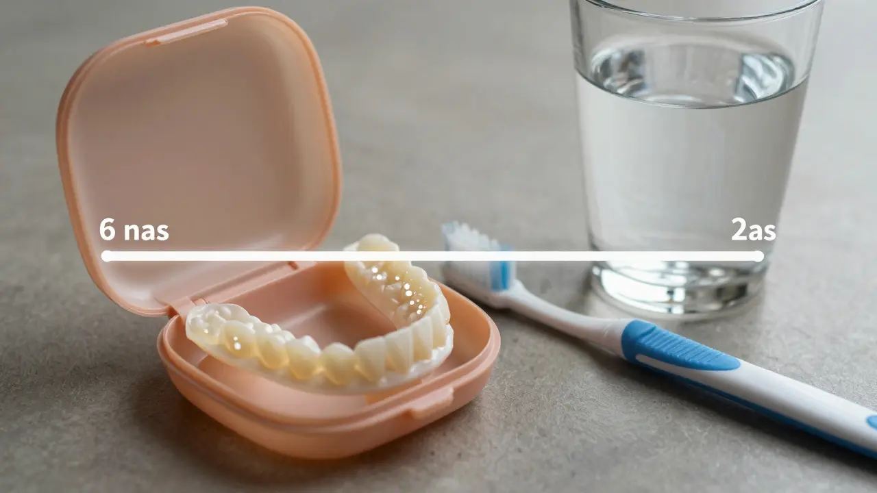 Retént v pevném případě vedle zubního kartáčku a vody, symbolizující dlouhodobou péči.