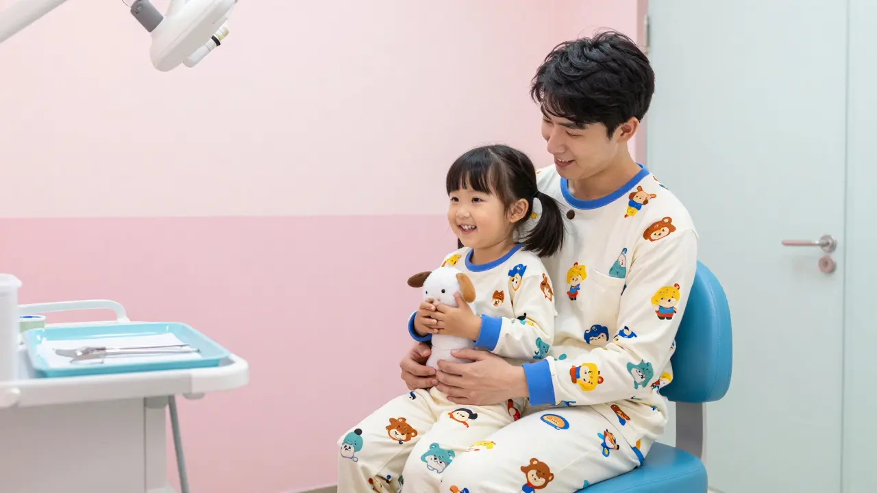 Rodič s dítětem v oblíbeném pyžamu čeká na zubní pohotovost.