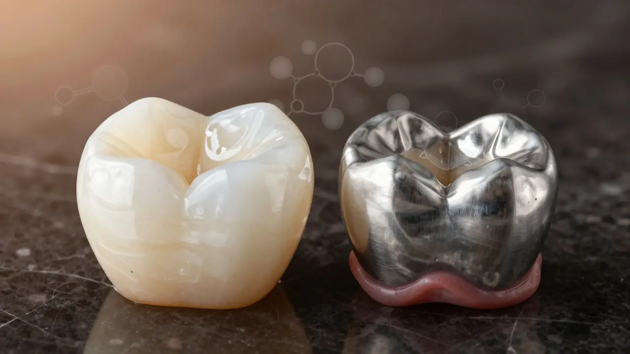 Side-by-side comparison of porcelain-on-zirconia crown and older metal-ceramic crown.