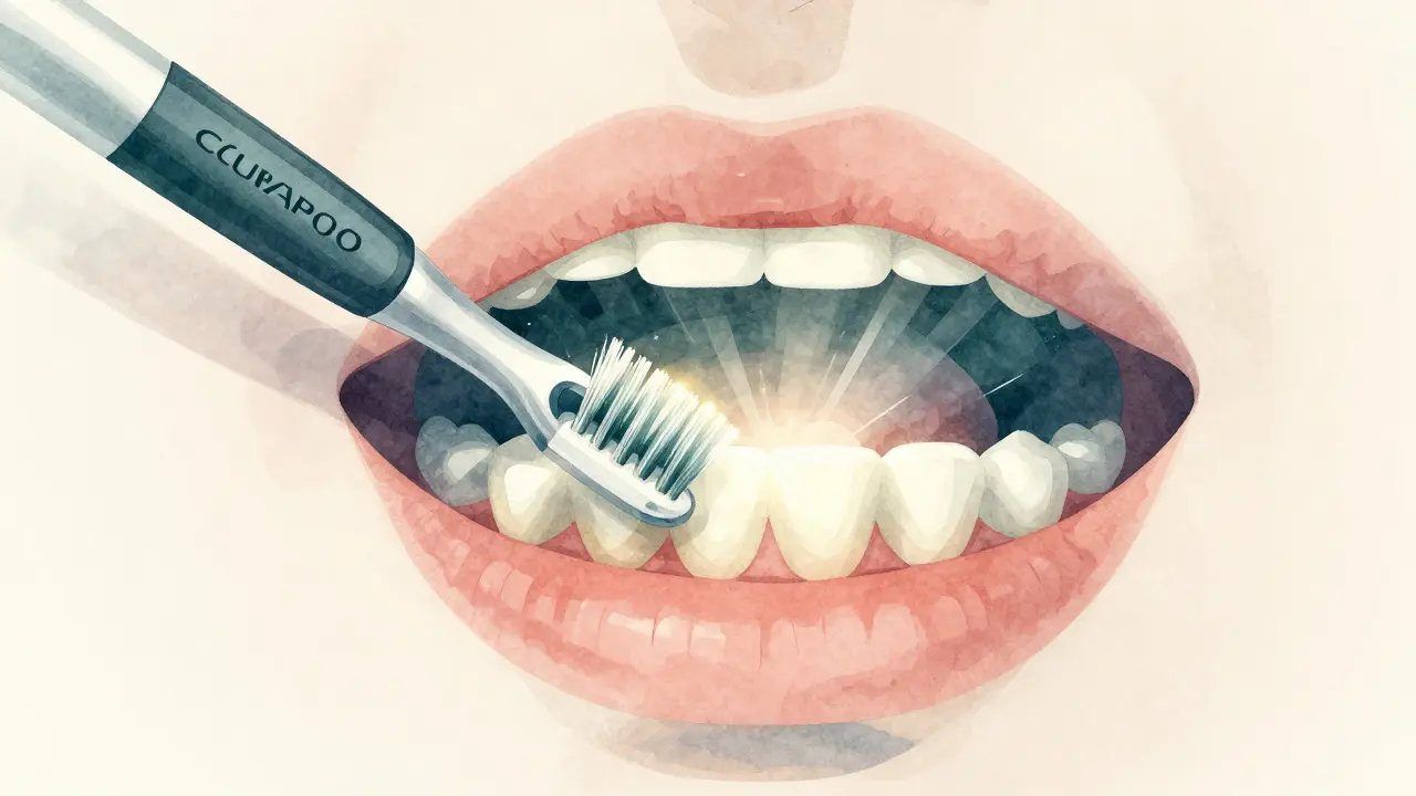 Small Curaprox brush head cleaning back molars at a 45-degree angle.