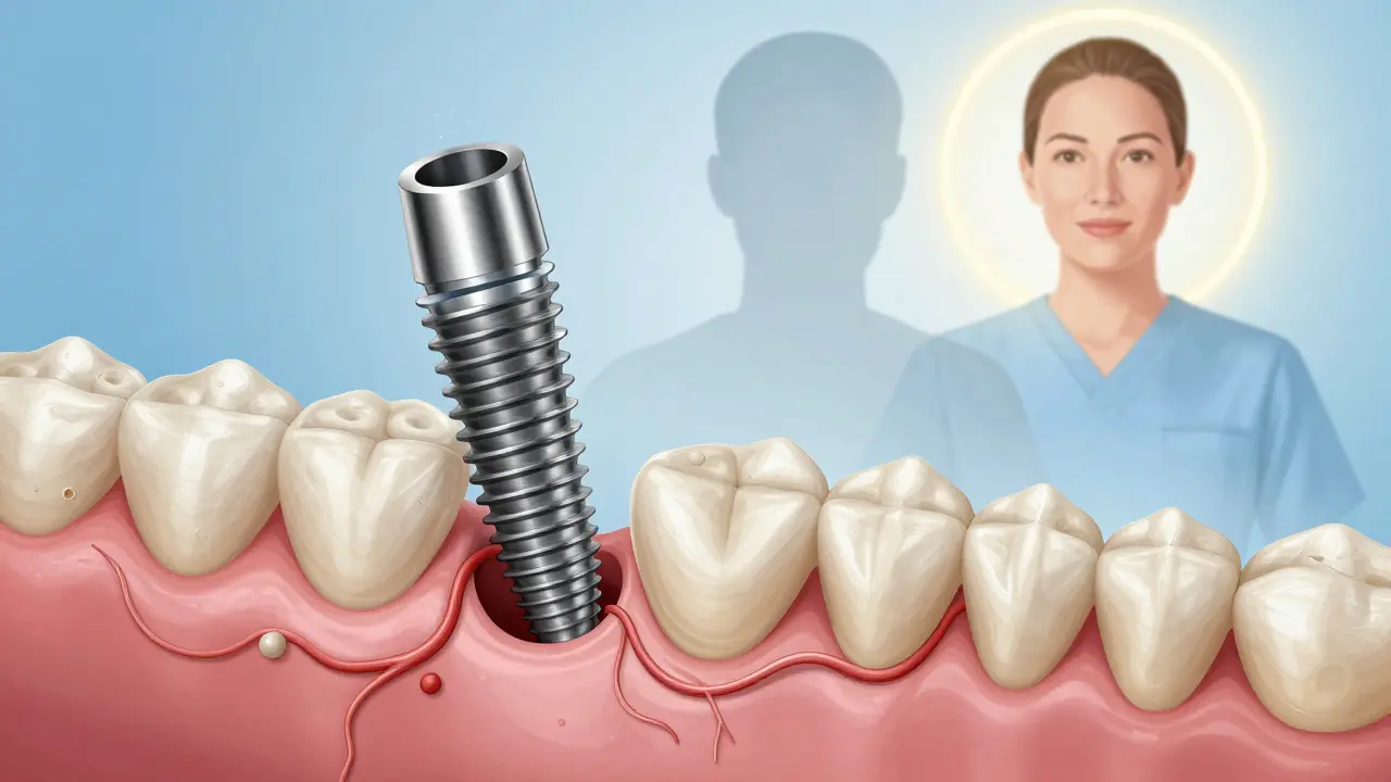 Titanový zubní implantát se spojuje s čelistní kostí, symbolizující obnovu po rakovině.