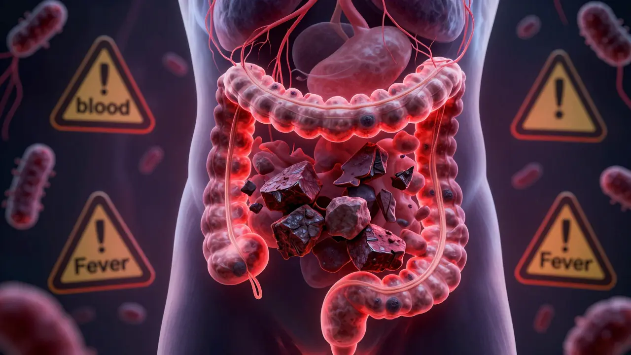 Vnitřní obraz trávicího traktu s blokovaným střevem, krev, horečka a ztráta hmotnosti jako symboly.