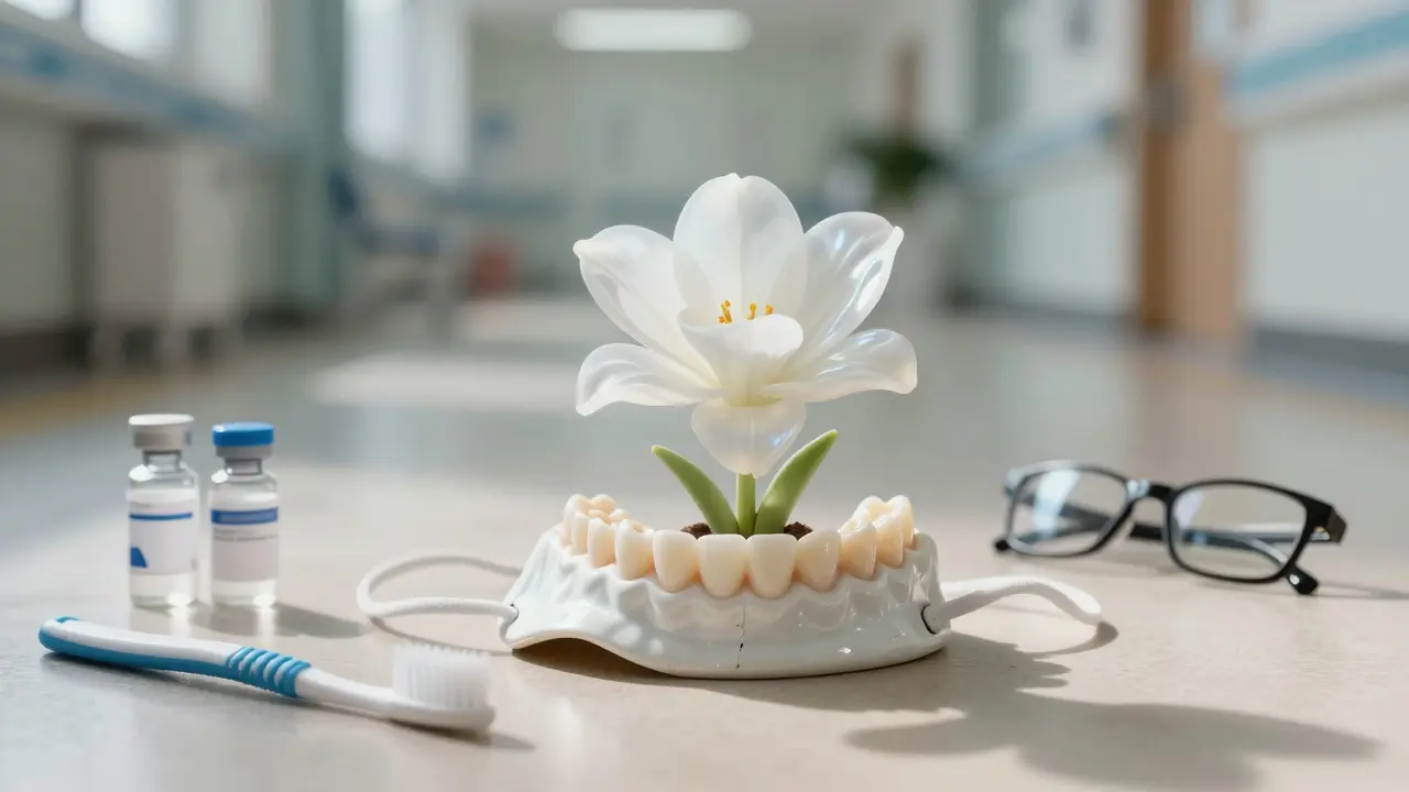 Zlomená maska úsměvu se mění v nové přirozené zuby, symbolizující obnovu života.