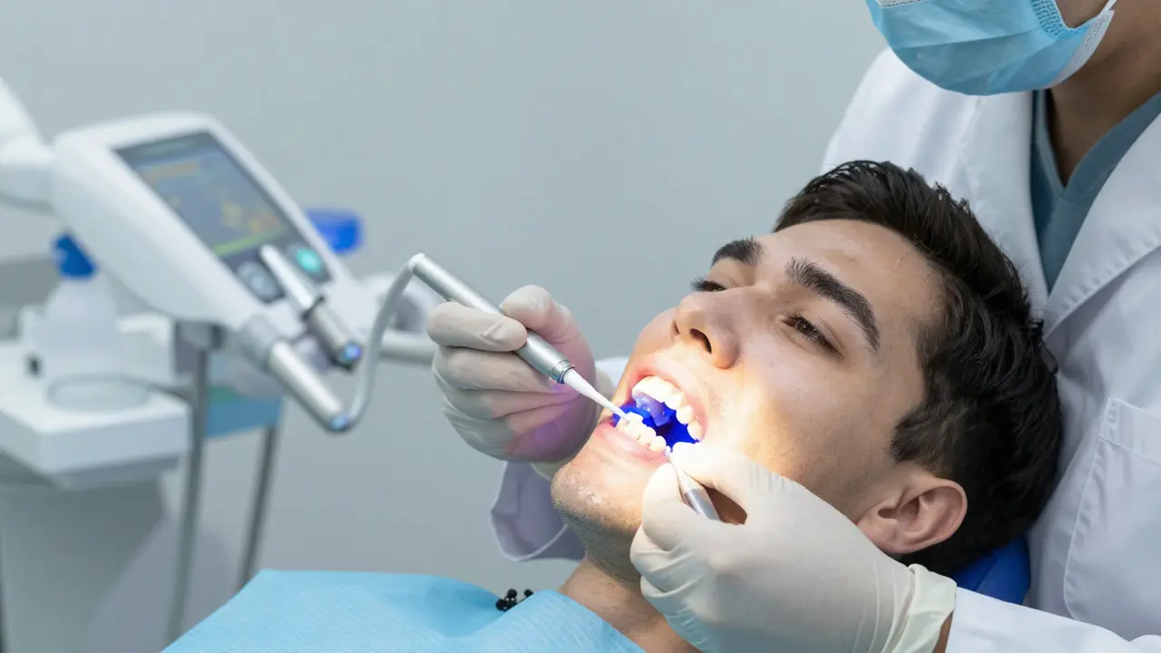 Zubní lékař aplikuje bělící gel na zuby pacienta pod světelným zařízením.
