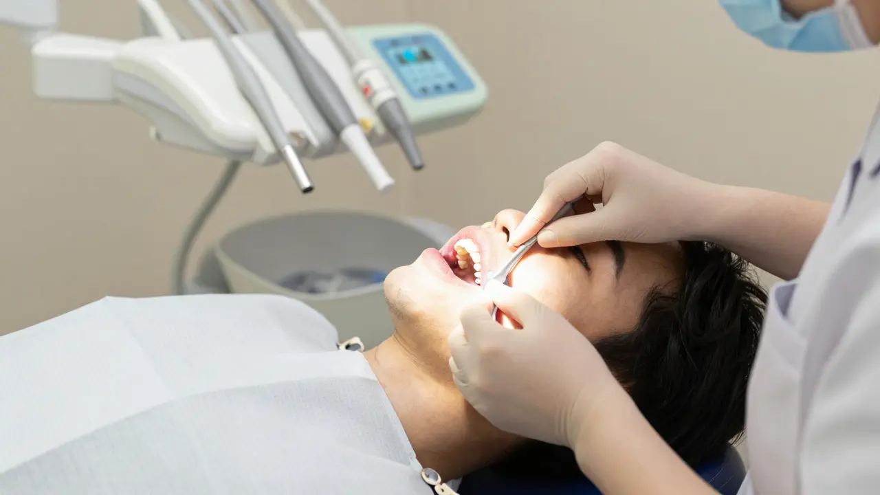 Zubní lékař upravuje pyžamo pacienta pro zákrok na čelisti.