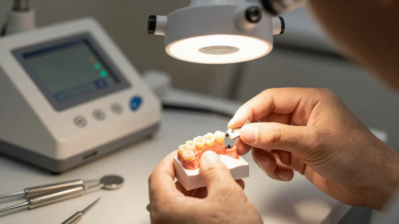 Zubní technik kontroluje vhodnost odtisku připraveného zubu.