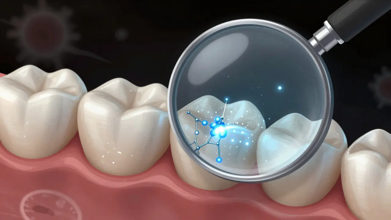 Zvětšený pohled na zubní sklovo, kde fluor a hydroxyapatit obnovují poškozenou plochu.