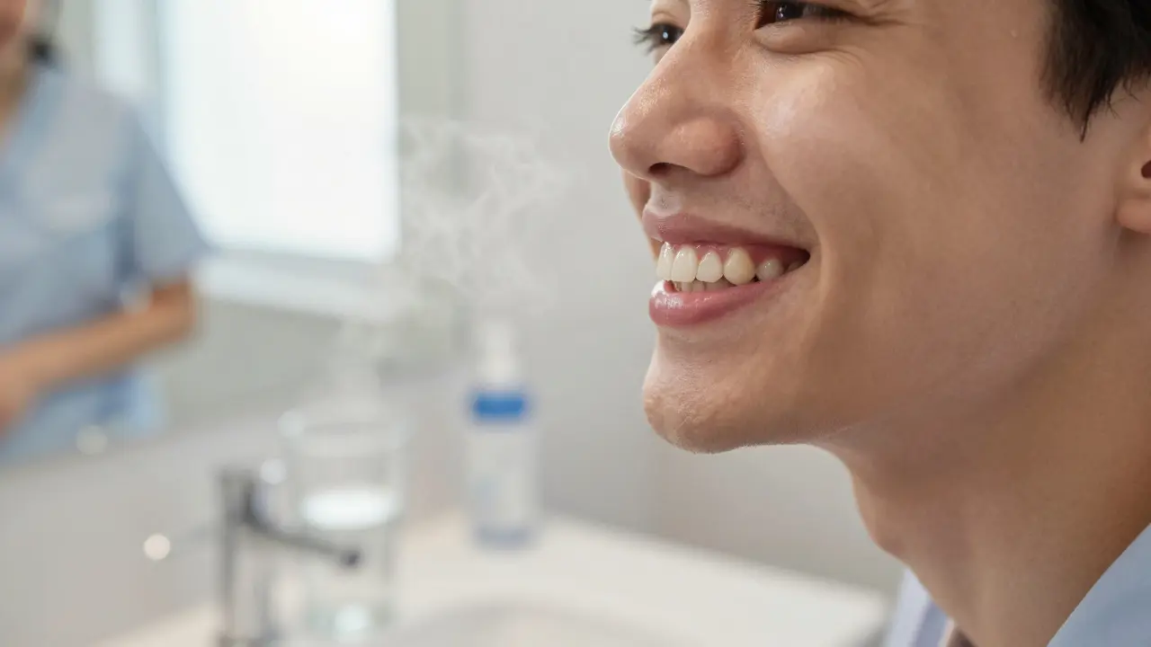 Člověk se usmívá do zrcadla po čištění zubů, jeho zuby jsou hladké a bělé, dásně zdravé.