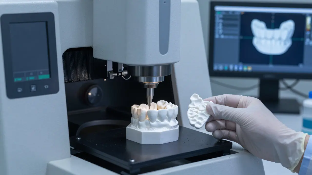 CNC stroj vyfrézuje zirkonovou korunku z jediného keramického bloku v laboratoři.