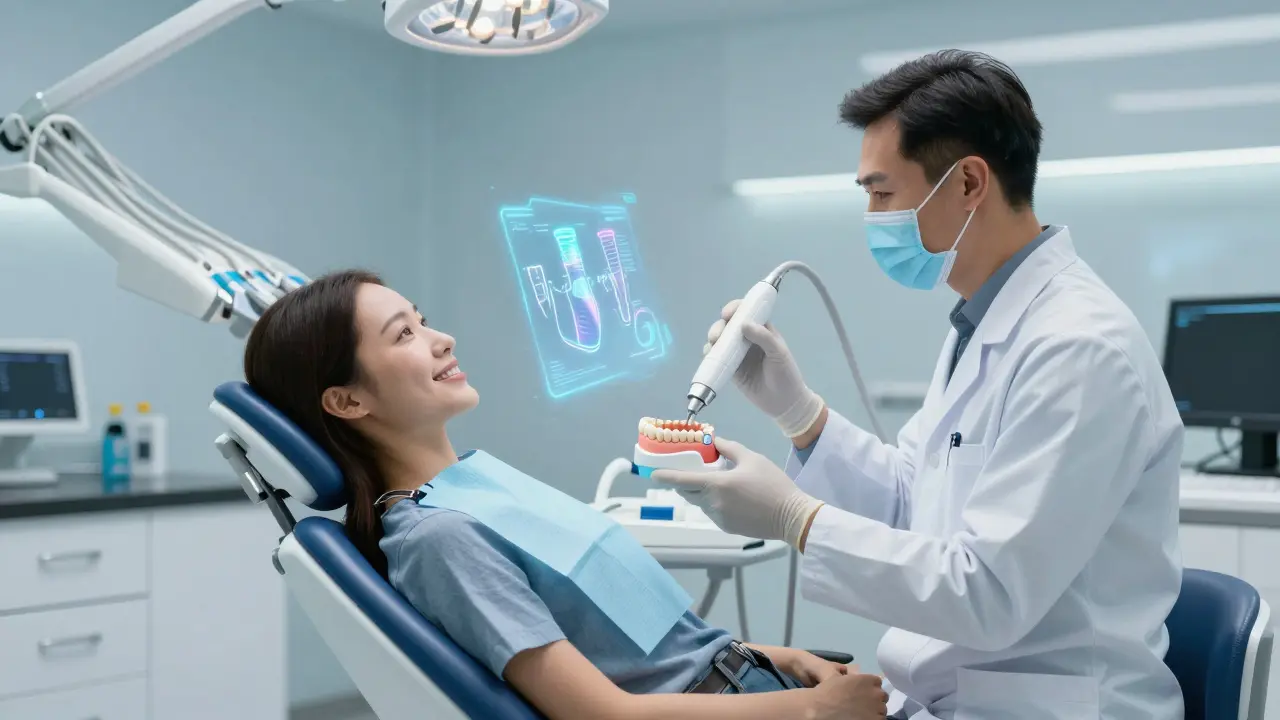 Dentista používá 3D skener na pacienta v moderní zubní klinice.