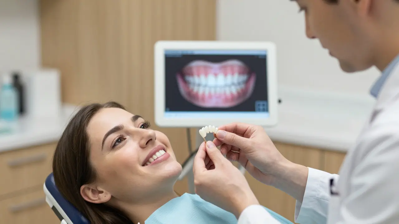 Dentista ukazuje pacientovi keramickou fazetu během konzultace v moderní ordinaci.