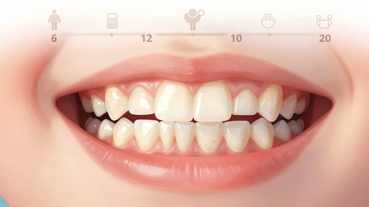 Dítě v období přechodu z mléčných na trvalé zuby s nově vyrůstajícími kličkami.