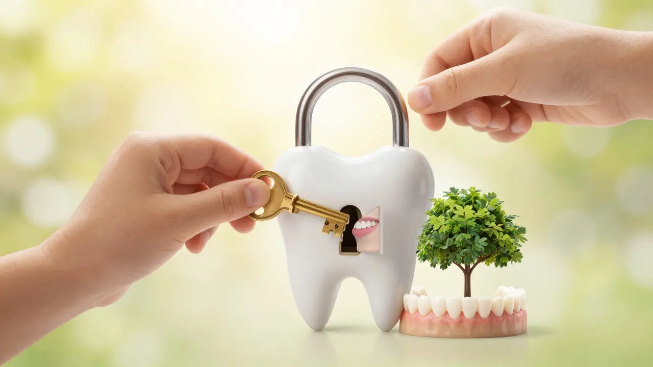 Dítě vkládá zlatý klíč do zámku tvaru zubu, symbolizující prevenci a zdravou budoucnost.