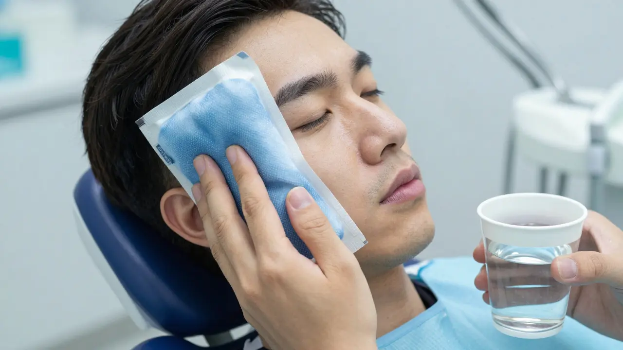 Dospělý používá led na tvář po úrazu a oplachuje ústa solí