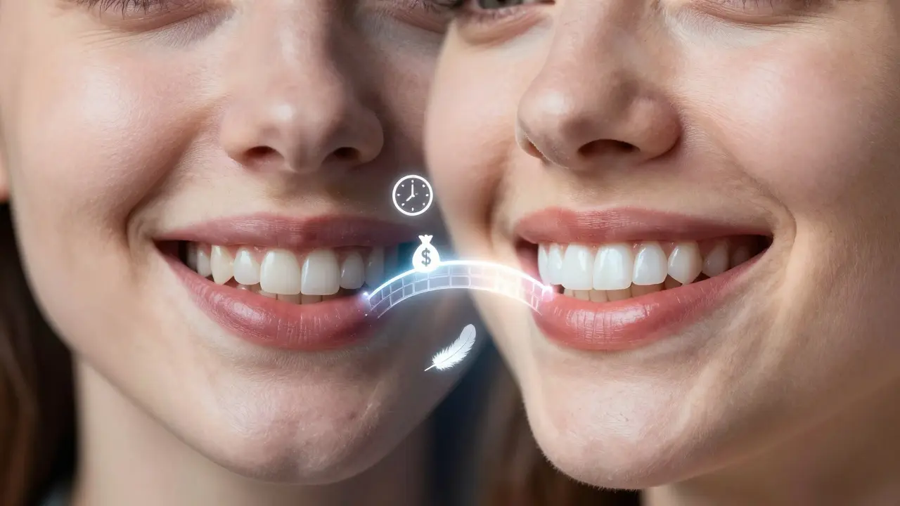 Dvě verze obličeje spojené světelným mostem – přirozené vs. vylepšené zuby.