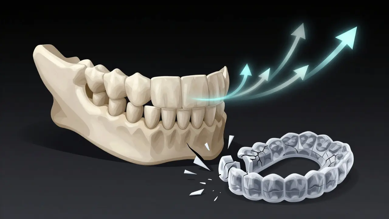Kost čelisti s jemnými šipkami ukazujícími pohyb zubů, vedle ni zlomený domácí zařízení.