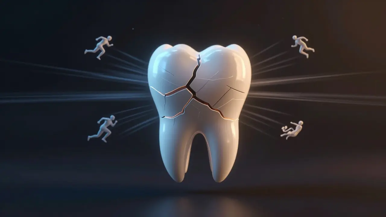 Křehký přední zub s viditelnými vnitřními trhlinami, symbolizujícími nárazové zatížení při sportu.