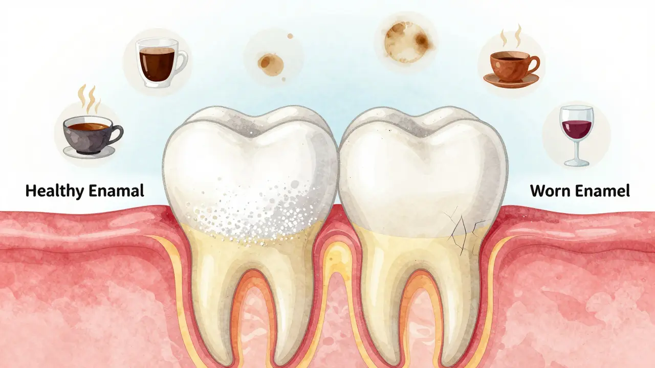 Křížový řez zubu ukazující opotřebení skloviny a žlutý dentin pod ní.
